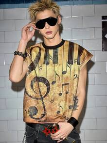 ROMWE MEN Street Life Men's Summer Casual Fashionable Street Punk Style Music Note Print Loose Tank Top - Yellow - View 4