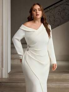 ZEYLAH Vestido ajustado con cuello asimétrico y drapeado de unicolor - Albaricoque - Ver 4