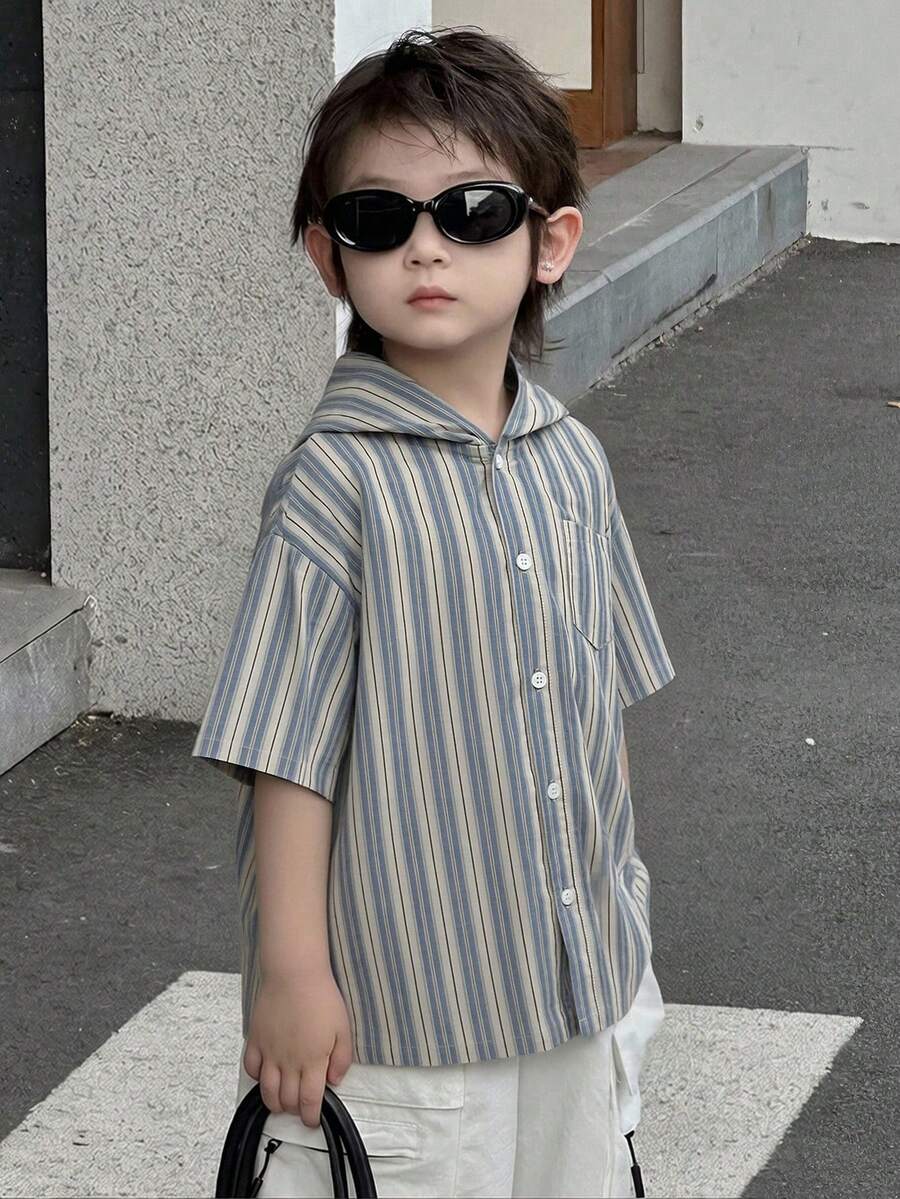 DAZY Young Boys' Casual Striped Hooded Shirt - Blue - View 1