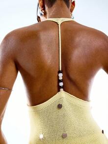 LYSMO Women's Handmade Beaded Halter Backless Camisole For Beach Vacation - Yellow - View 2