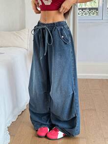 Rivivi Hazy Blue Denim Drawstring Elastic Waist Wide Leg Pants - Dusty Blue - View 3
