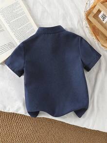 SHEIN Kemeja Lengan Pendek Patchwork Sederhana untuk Anak Laki-laki, Pakaian Kasual Sehari-hari - Navy Blue - View 2