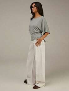 Athîral 女士休闲简约圆领系带短袖上衣，夏季 - 灰色 - 查看 4