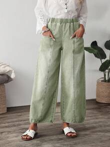 EMERY ROSE Women's Casual Everyday Elastic Waist Loose Straight Leg Jeans - Green - View 1