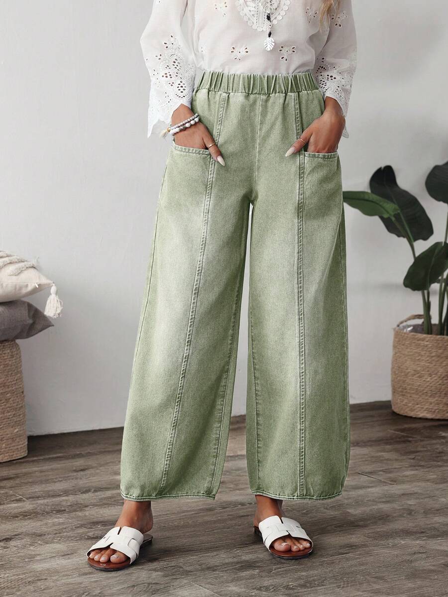 EMERY ROSE Women's Casual Everyday Elastic Waist Loose Straight Leg Jeans - Green - View 1