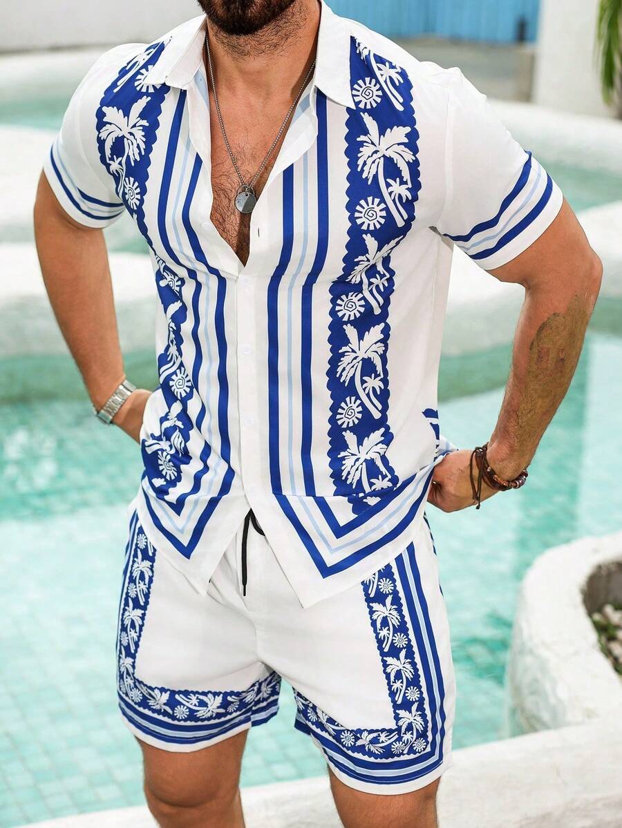 VENTUSAIL Men's Vacation Casual Striped Coconut Tree Print Shirt & Shorts Set - Multicolor - View 1