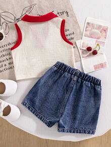 SHEIN Playful Pals 2件組女嬰夏季可愛度假針織 Polo 領拼接撞色櫻桃刺繡上衣與牛仔裙褲 - 彩色 - 查看 2