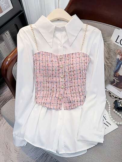 GlowEve 女士纯色长袖纽扣衬衫和格子吊带背心休闲两件套