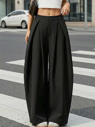 Teen Girls' Vintage Casual Street Style Loose Fit Black Flared Leg Pants, Banana Pants, Spring/Summer