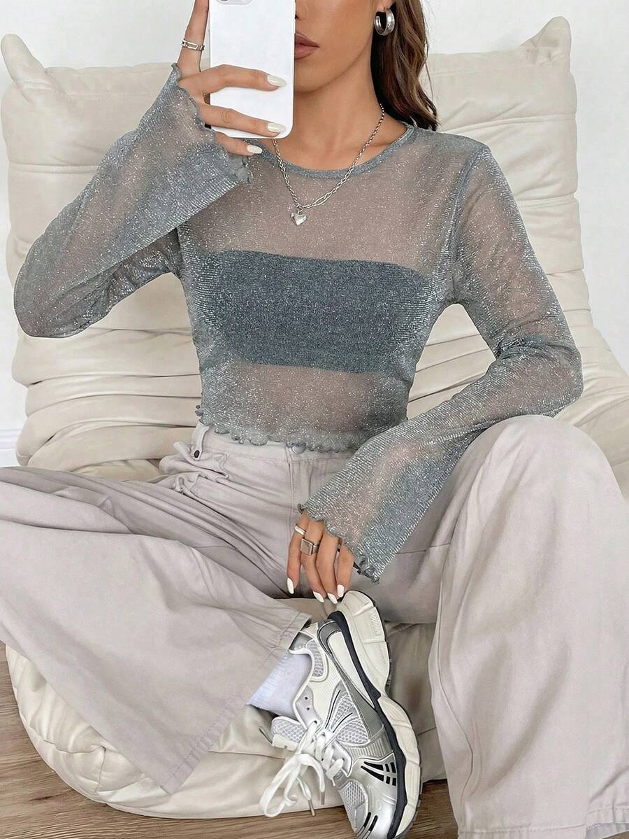 SHEIN EZwear 黑色荷叶边薄纱网眼上衣，无抹胸款式 - 銀色 - 查看 1