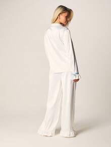 MISSGUIDED Button Down Pajama Set With Light Blue Bow Tie Sleeve Cuffs And Ruffle Hem Sleep Lounge Set - White - View 2