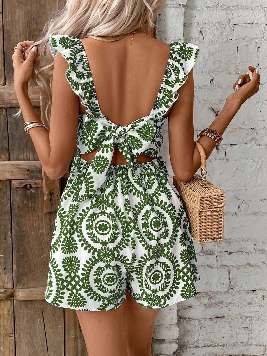 SHEIN Frenchy All-Over Print Backless Tie-Back Casual Jumpsuit For Vacation - Green - View 1