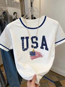 Resyla Camiseta de manga corta de cuello redondo de ajuste regular con estampado de EE. UU. para mujer - Blanco - Ver 3