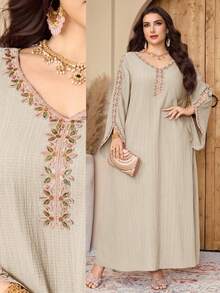 Al Najma Plus Size Women's V-Neck Floral Embellished Flare Sleeve Arabic Traditional Long Dress - Khaki - View 3