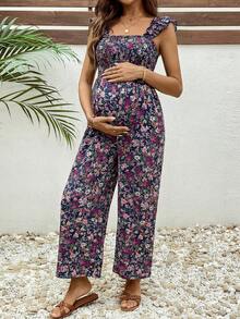 Boho Mama Maternity Ditsy Floral Ruffle Trim Jumpsuit, Summer Vacation - Multicolor - View 3