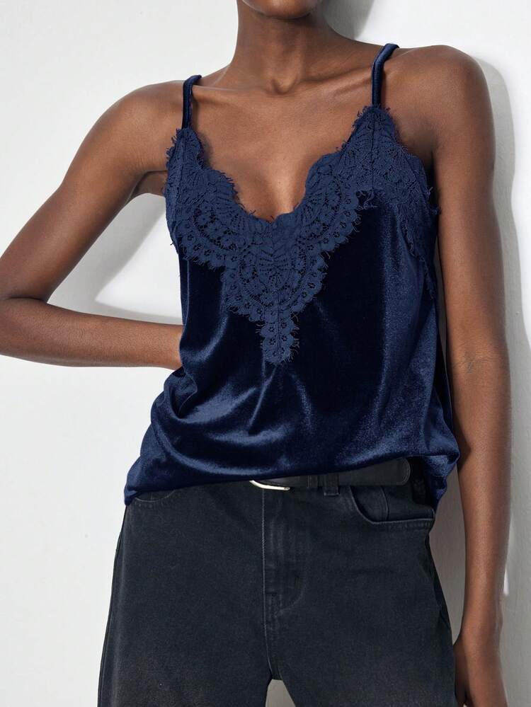SHEIN Maija Camisola de mujer con parches de encaje azul y terciopelo, prenda exterior de negocios casuales urbanos, atuendo elegante para Acción de Gracias, Navidad, Año Nuevo, invitado de boda, uso en la oficina, básico minimalista casual
