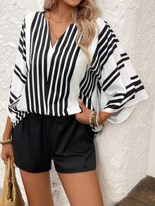 EMERY ROSE 2pcs Women Casual Patchwork V-Neck Batwing Sleeve Top And Elastic Waist Shorts Set - Multicolor - View 6