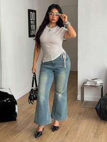 Coolane Blusa feminina plus size de verão, listrada, com cordão, estilo praia, básica e casual, que define a cintura e valoriza a silhueta. - Bege - Ver 6