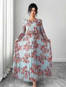 Elenzga 大码褶皱长袖休闲A字连衣裙，春夏百搭 - 彩色 - 查看 6