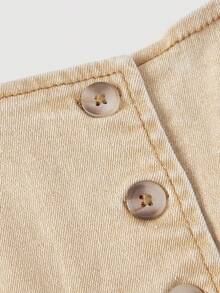 SHEIN MOD Women's Solid Color Front Button Backless Halter Neck Fitted Denim Top - Khaki - View 3