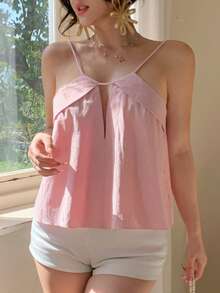 DAZY Áo hai dây kiểu babydoll màu hồng dáng rộng, thoải mái, thích hợp cho kỳ nghỉ hè, dành cho nữ. - Hồng - Xem 6