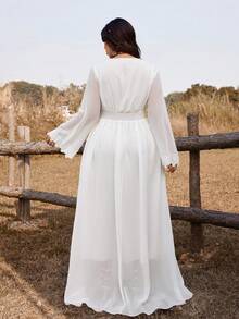 Ceyna Đầm dài tay dáng xòe, eo thon, chất liệu dệt hoa, cổ áo xếp ly, cỡ lớn, thích hợp cho đám cưới, tiệc tùng, lễ hội. - trắng - Xem 2