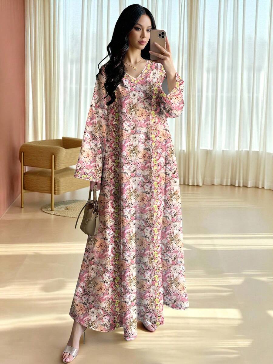 SHEIN Najma 复古花卉植物印花蕾丝V领长袖连衣裙，女士春夏花卉长裙，优雅阿拉伯风格 - 彩色 - 查看 1