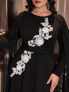 Modelyn 大码女士优雅雪纺长袖连衣裙/撞色连衣裙 - 黑色 - 查看 3