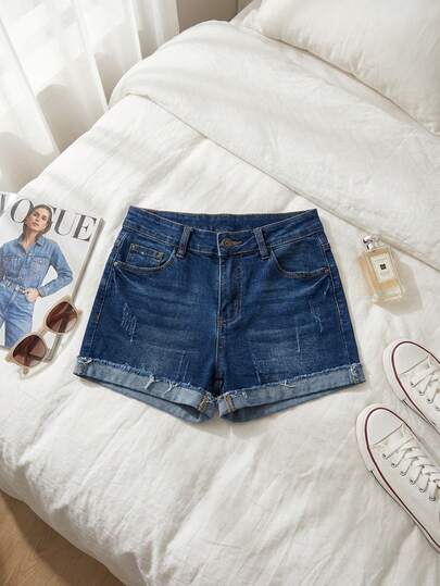 Shorts de mezclilla con dobladillo enrollado y rotos, diseño elástico y cómodo, estilo casual y versátil
