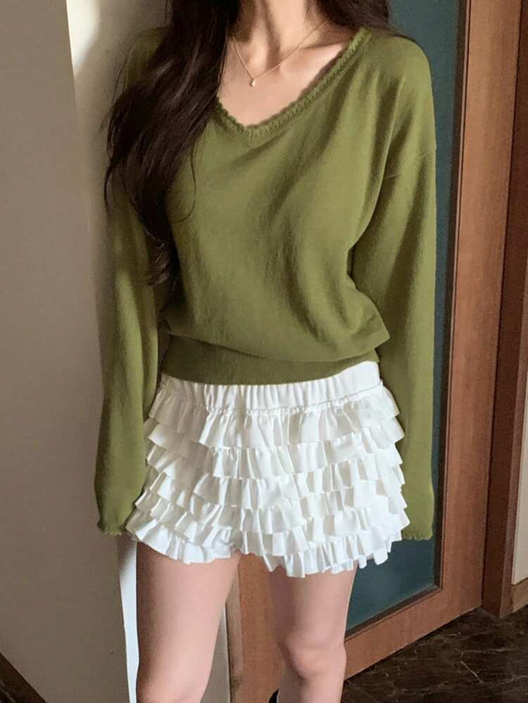 Women's Solid Color V-Neck Casual Versatile Long Sleeve Sweater, Suitable For Autumn/Winter Daily Wear