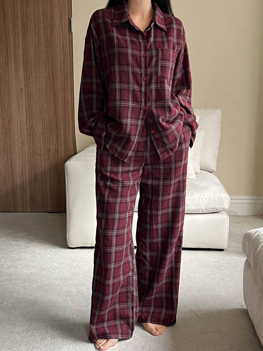 DAZY Women's Plaid Pajama Set, Loose Fit, Suitable For Autumn/Winter And Christmas - Burgundy - View 1
