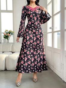 Al Najma Women's Floral Print Long Sleeve Elegant Dress - Multicolor - View 3