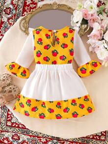 Conjunto de 2 piezas de camiseta de manga larga con encaje floral y cinta dorada, y falda con estampado floral ditsy, para niñas pequeñas, esencial de viaje de verano, moda suave y esponjosa, 2026 - Amarillo - Ver 2