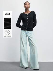 Maija 2026 现代都市优雅格子艺术线条蓝色落肩初夏打底衫，适合圣诞派对季、返校季、校园生活；黑色开衫女长袖黑色上衣纽扣上衣黑色毛衣开衫短款；春假牛仔裤阔腿女牛仔裤宽松喇叭牛仔裤女牛仔裤宽松 - 黑色 - 查看 2