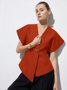 Aveloria Modichic 优雅V领宽松不对称下摆装饰纽扣短袖女式外套，简约设计，通勤百搭。 - 橘色 - 查看 5