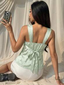 SHEIN EZwear Women's Mint Green Hollow Out Embroidery Loose Camisole, Spring/Summer - Mint Green - View 2