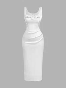 SHEIN MOD 大尺碼女款優雅3D花卉無袖白色洋裝，夏季絲滑修身長款雞尾酒會生日畢業婚禮賓客正式禮服 - 白色 - 查看 3