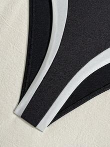 Shapewave-D Women's One-Piece Swimsuit, Black Glossy Fabric, Black & White Color Block Design, Ruched Details, Adjustable Criss-Cross Back Straps, Flattering Silhouette, Sexy & Fashionable - Multicolor - View 3