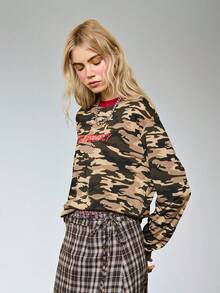 COUREZ Long Sleeve Camo T-Shirt With Front Print /Y2K Long Sleeve Tops Going Out Tops Women Tops Graphic Tees Women Cute Tops Summer Tops Summer Outfits - Army Green - View 5