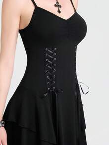 Breakform 女士性感哥特风吊带前褶裥收腰人字纹系带蝴蝶结露肩短款吊带连衣裙 - 黑色 - 查看 7