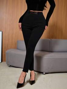 SHEIN PETITE 女士高腰金属扣饰紧身裤 - 黑色 - 查看 3