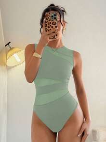 Rafferiza Petite Elegant Sexy Round Neck Sleeveless Knitted Splicing Irregular Mesh Black Spring And Women's Summer Bodysuit Bodysuit Top Mesh Bodysuit Sleeveless Bodysuit Bodysuit Top - Green - View 6