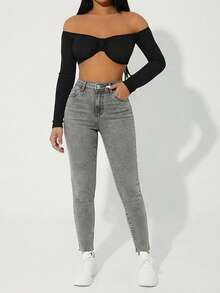 EURMUSE Casual Cropped Skinny Jeans - Light Grey - View 4