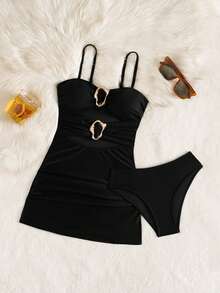 Swim Lushoire 女士褶皱镂空度假泳衣套装，春夏款 - 黑色 - 查看 6