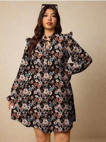 SHEIN Elaquor 度假风休闲加大码女式碎花荷叶领长袖休闲连衣裙，花卉/情人节春夏风格。 - 彩色 - 查看 4