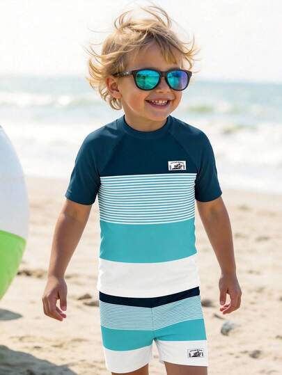 Young Boy Casual Striped Patchwork Print Round Neck Short Sleeve Swimsuit Set, Suitable For Summer, Swimming, Beach, Surfing