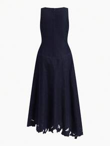 MOTF PREMIUM WOMEN'S SPRING/SUMMER NATURAL ASYMMETRIC A-LINE HOLLOW OUT EMBROIDERED MIDI DENIM DRESS - Navy Blue - View 2