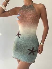 Aloruh 女士海星图案渐变色毛衣连衣裙 - 咖啡棕 - 查看 4