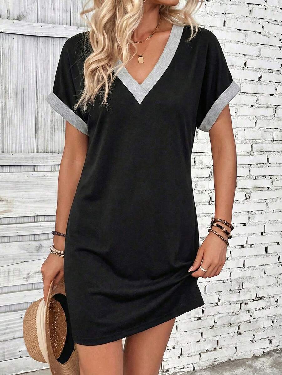 SHEIN Mẫu đầm ngắn tay phối màu xám và đen cổ chữ V mới về mùa xuân/hè dành cho nữ. - Nhiều màu - Xem 1