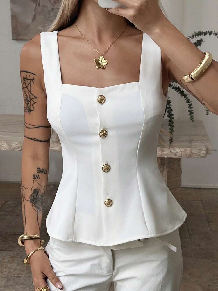 Elegant Commuter Casual Square Neck Cinched Waist White Women Tank Top Babydoll Top